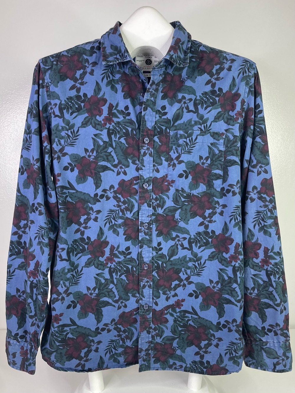 Denim & Flower Men's Slim Fit Blue Floral Cotton Shirt Large